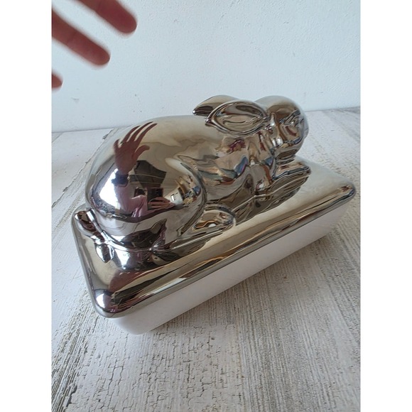 Easter lidded ceramic silver bunny rabbit tray platter...